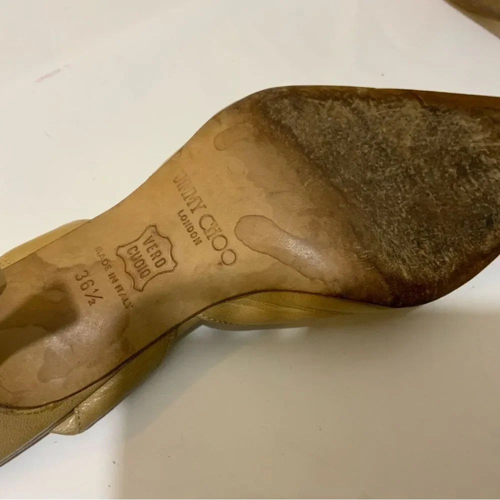 Jimmy Choo Size 36.5 Tan Leather Pointed Toe Slingback Kitten Heels